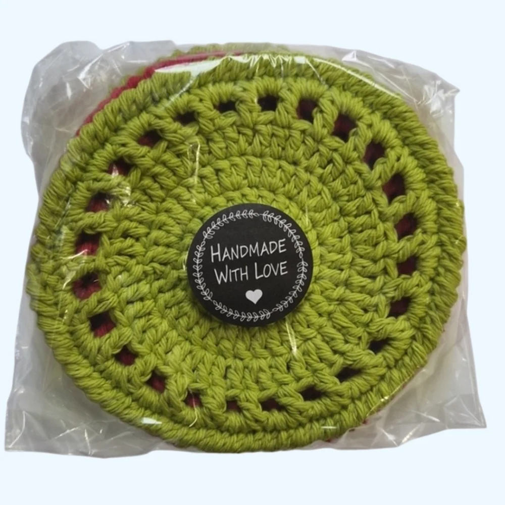 Ecofriendly Cotton Round Coaster Set of 4-Handmade Crocheted- Red and Lime Green